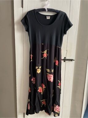 Vintage Studio 90's Mixed Media Black Floral Midi Dress Cotton Top Rayon Skirt
